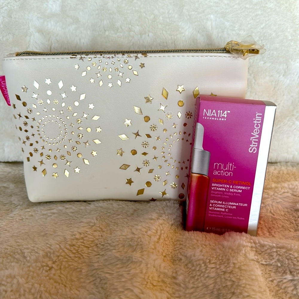 StriVectin- multi- action Super C retinol serum and makeup bag.
